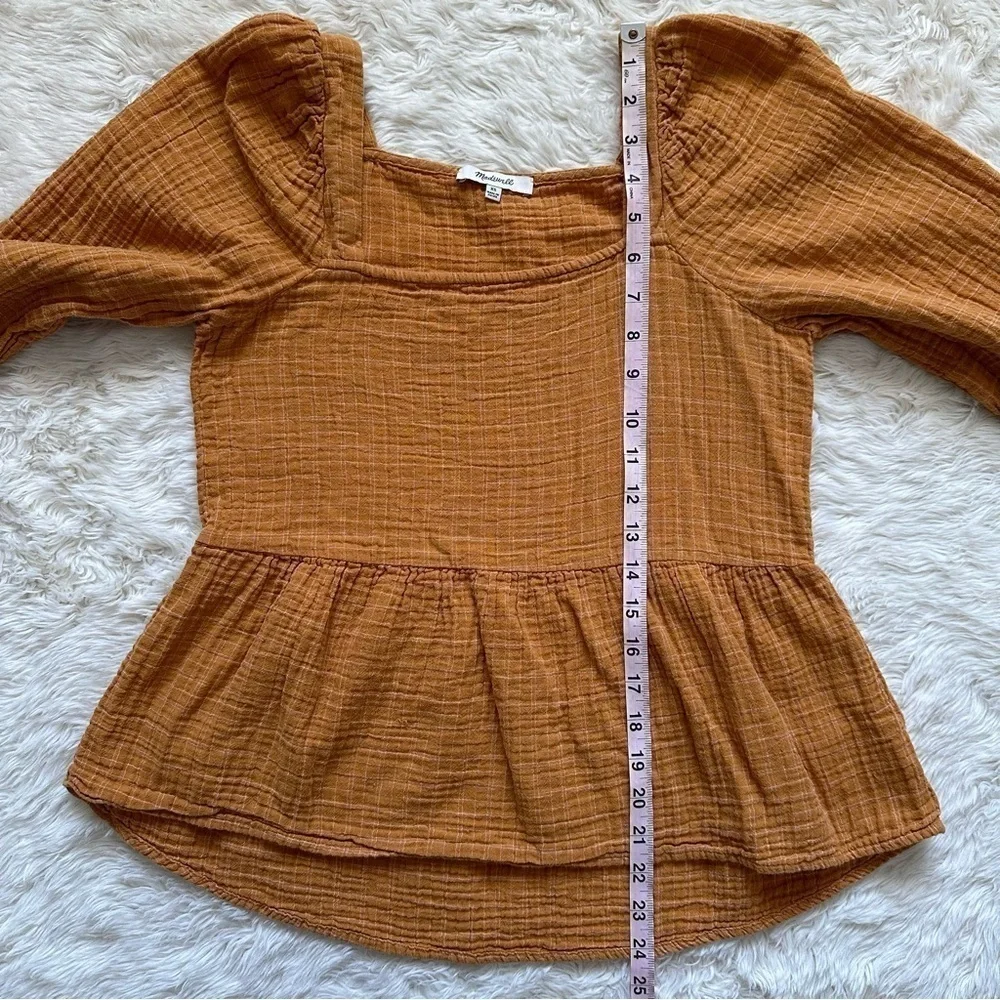 Madewell Blouse Lightspun Millbrook Puff-Sleeve Peplum Top in Windowpane XS